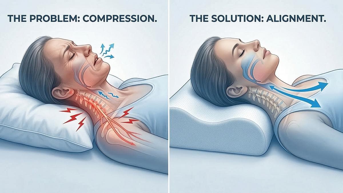 Comparison of a compressed pillow position and aligned support with the Lumora pillow