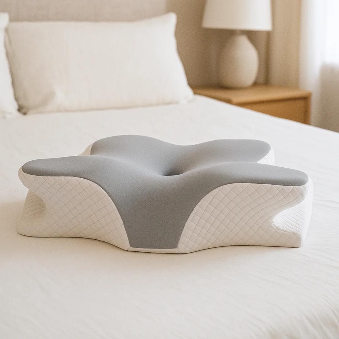 The Lumora pillow resting on a made bed in a calm bedroom